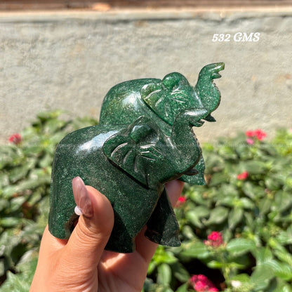 Green Jade Elephant Pair (Trunk Up) Luck, Prosperity & Harmony