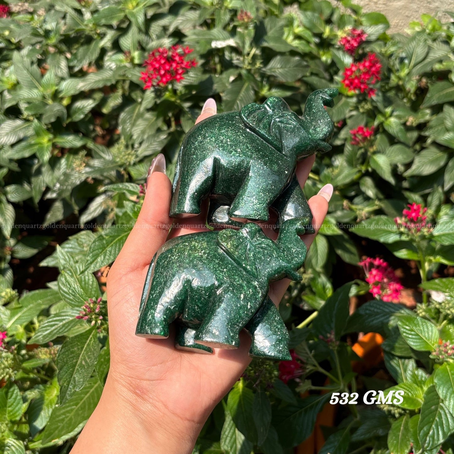 Green Jade Elephant Pair (Trunk Up) Luck, Prosperity & Harmony