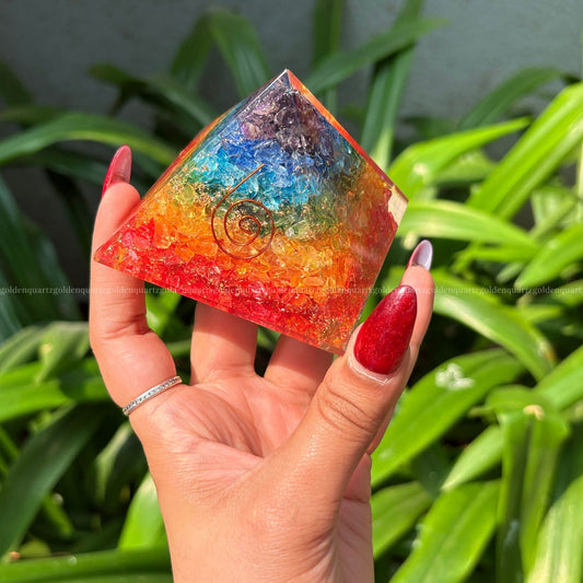 Rainbow 7 Seven Chakra Copper Spiral Symbol Orgonite /Orgone Pyramid. - Golden Quartz 
