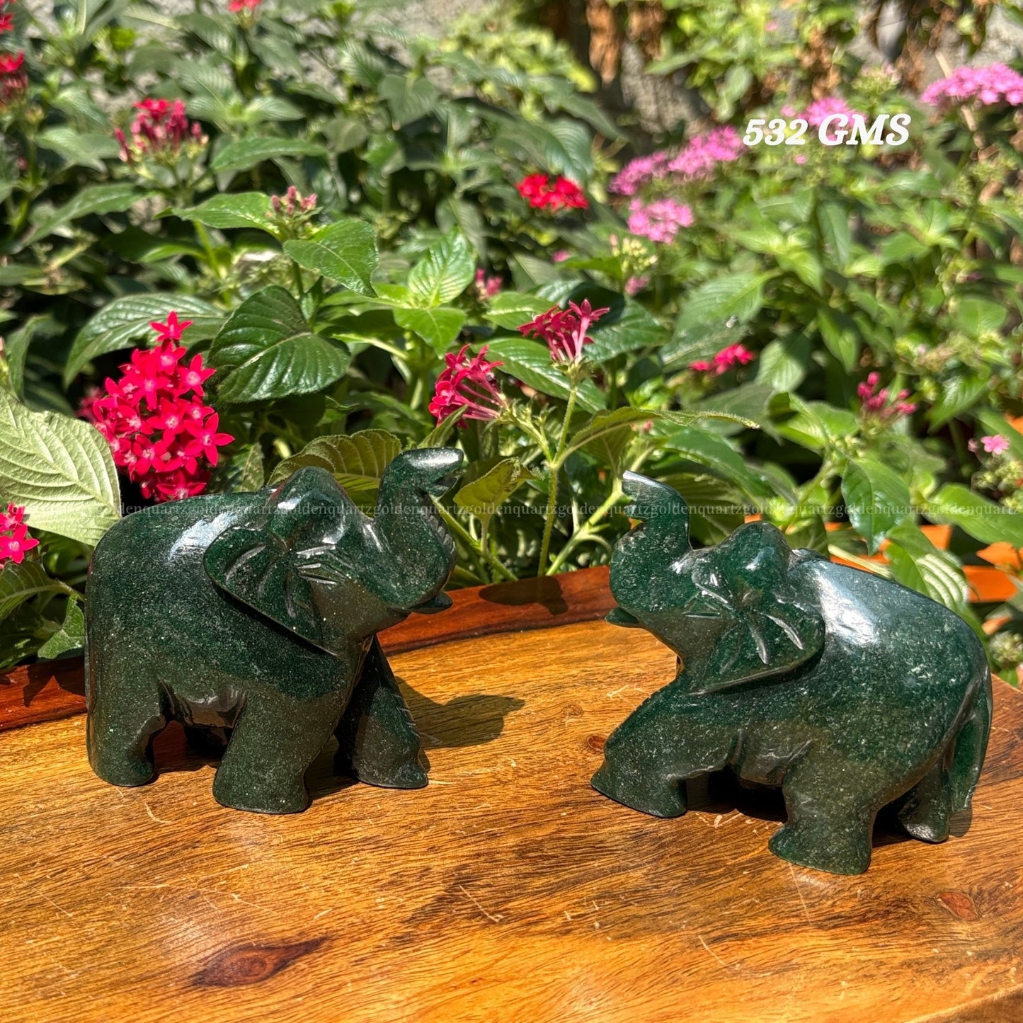Green Jade Elephant Pair (Trunk Up) Luck, Prosperity & Harmony