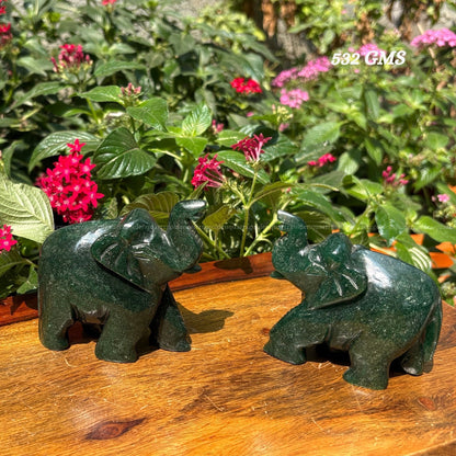Green Jade Elephant Pair (Trunk Up) Luck, Prosperity & Harmony