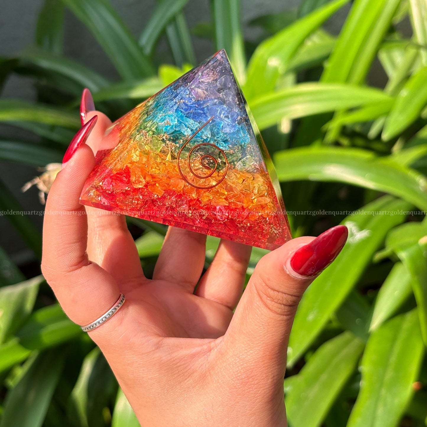 Rainbow 7 Seven Chakra Copper Spiral Symbol Orgonite /Orgone Pyramid. - Golden Quartz 