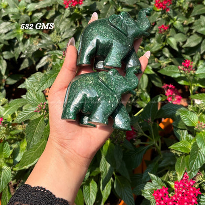 Green Jade Elephant Pair (Trunk Up) Luck, Prosperity & Harmony