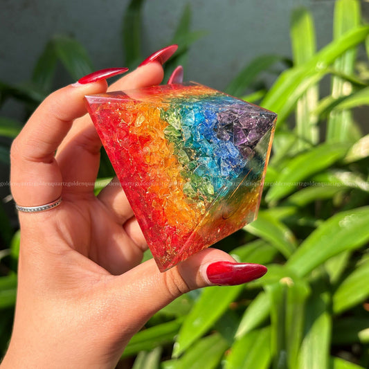 Rainbow 7 Seven Chakra Copper Spiral Symbol Orgonite /Orgone Pyramid. - Golden Quartz 