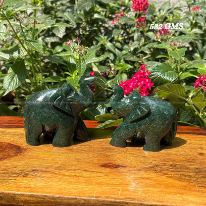 Green Jade Elephant Pair (Trunk Up) Luck, Prosperity & Harmony