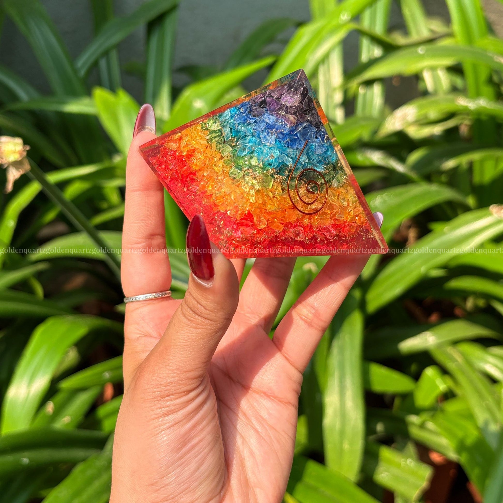 Rainbow 7 Seven Chakra Copper Spiral Symbol Orgonite /Orgone Pyramid. - Golden Quartz 