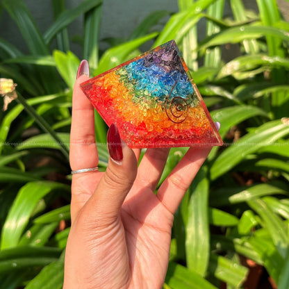 Rainbow 7 Seven Chakra Copper Spiral Symbol Orgonite /Orgone Pyramid. - Golden Quartz 