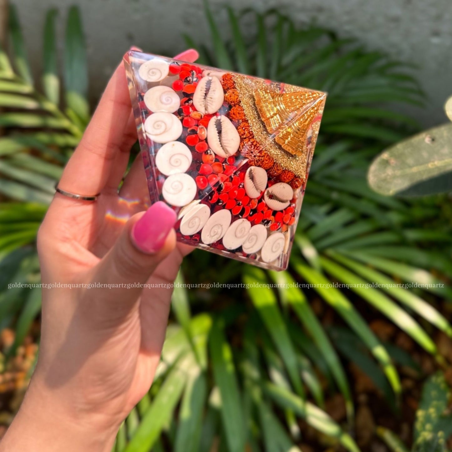 Laxmi Orgonite /Orgone Pyramid For Abundance, Good Luck & Protection - Golden Quartz 