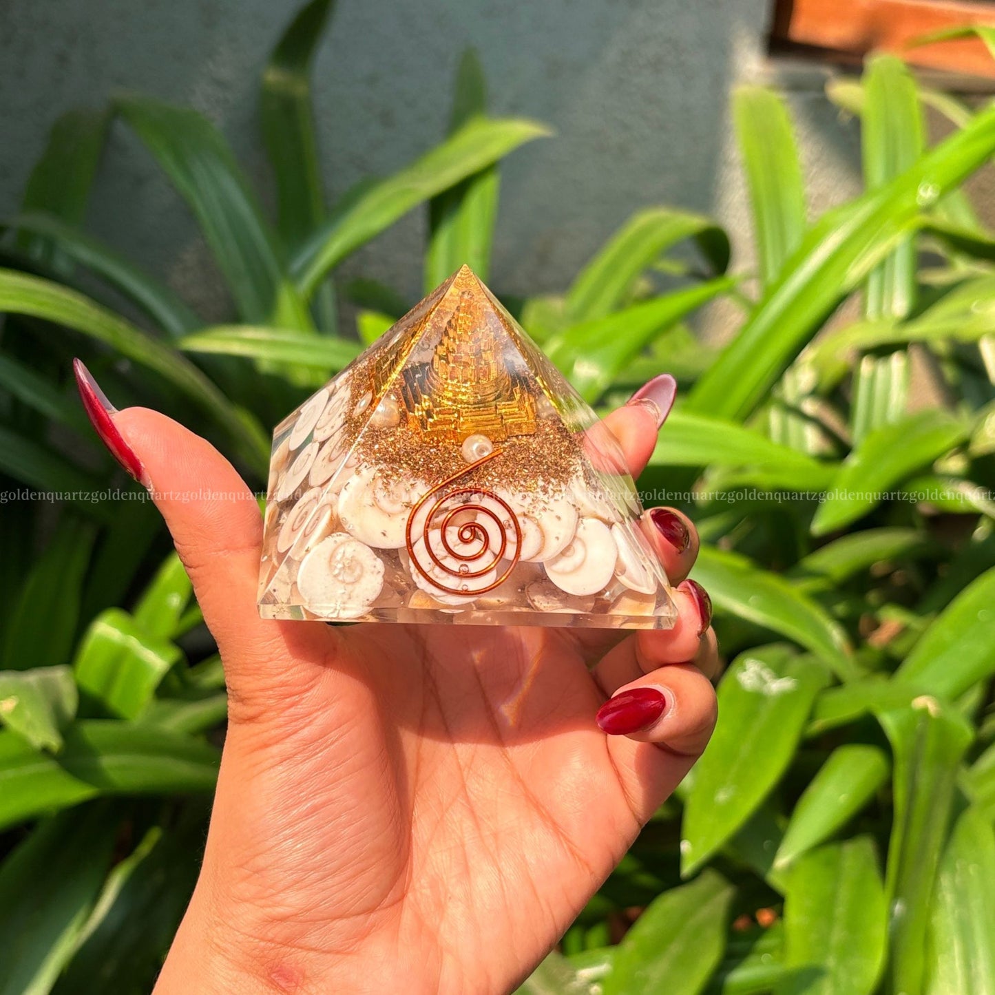 Shree Yantra Gomati Chakra Orgonite/Orgone Pyramid - Golden Quartz 