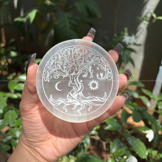 Tree Of Life Sun & Moon Selenite Charging Plate ( White Etched ) 3"