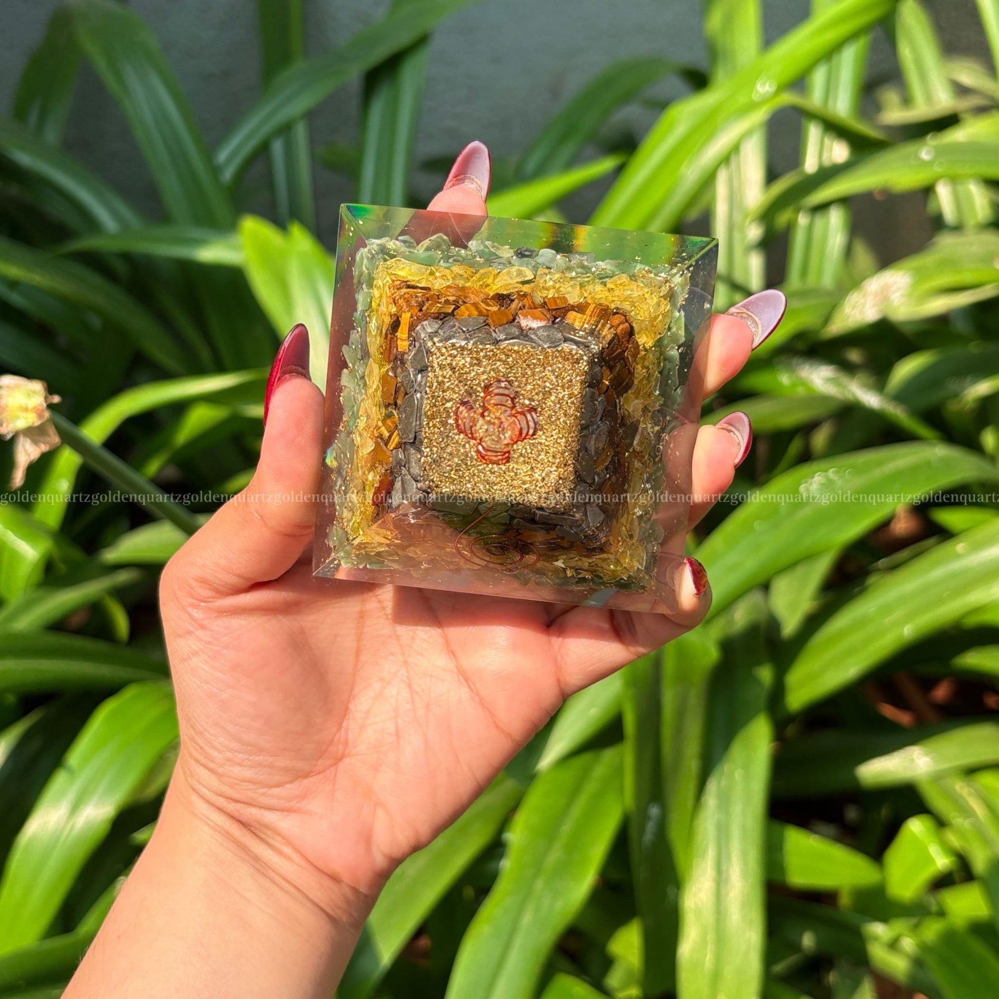 Money Magnet Orgonite/Orgone Pyramid For Wealth & Health. - Golden Quartz 