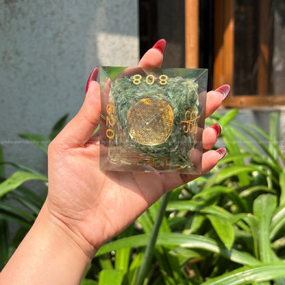 Green Aventurine Flower Of Life Copper Disk Zibu Signs Orgonite /Orgone Pyramid For Money & Growth - Golden Quartz 