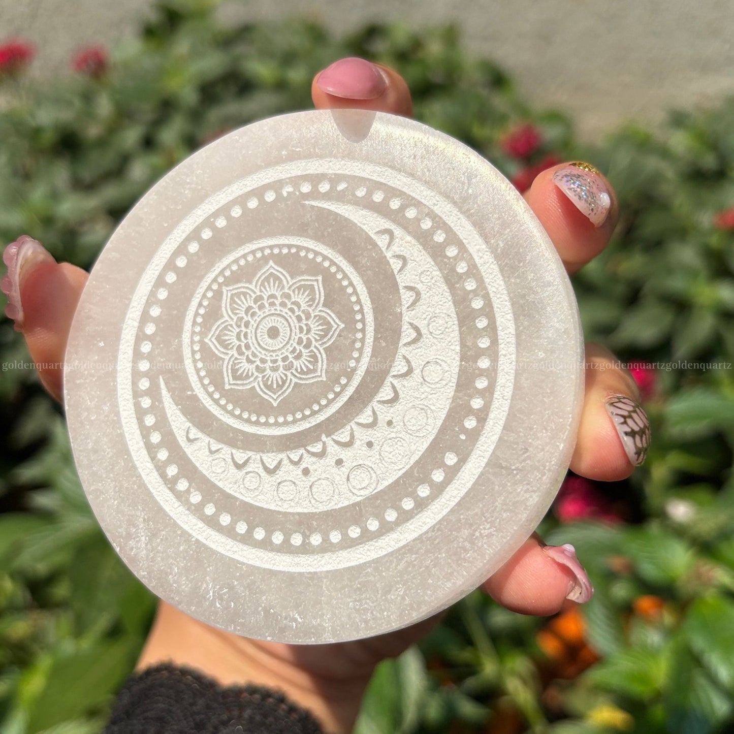Crescent moon shaped selenite plate with smooth polished finish