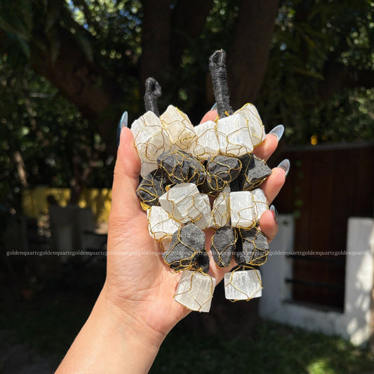 Black Tourmaline & Selenite Hanging  Grape Raw Chunk Hanging - Golden Quartz 