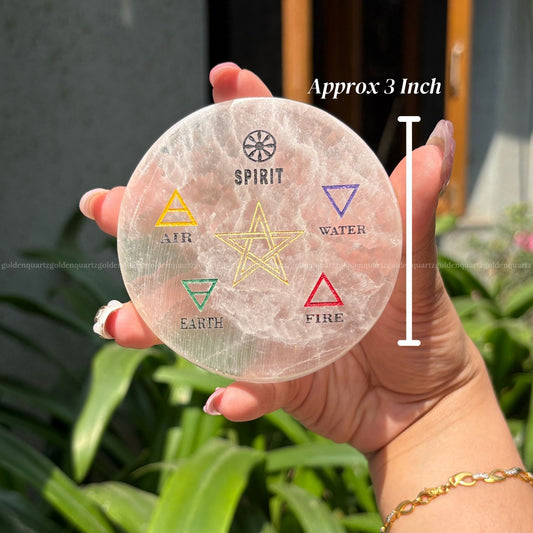 5 Nature Elements Symbol Selenite Charging Plate ( White Etched ) 3"