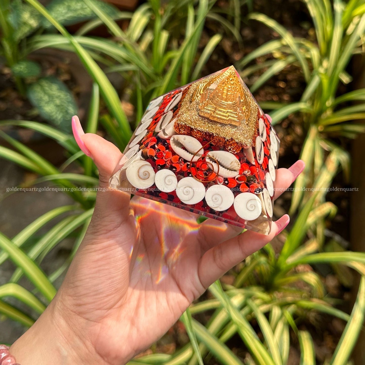 Laxmi Orgonite /Orgone Pyramid For Abundance, Good Luck & Protection - Golden Quartz 