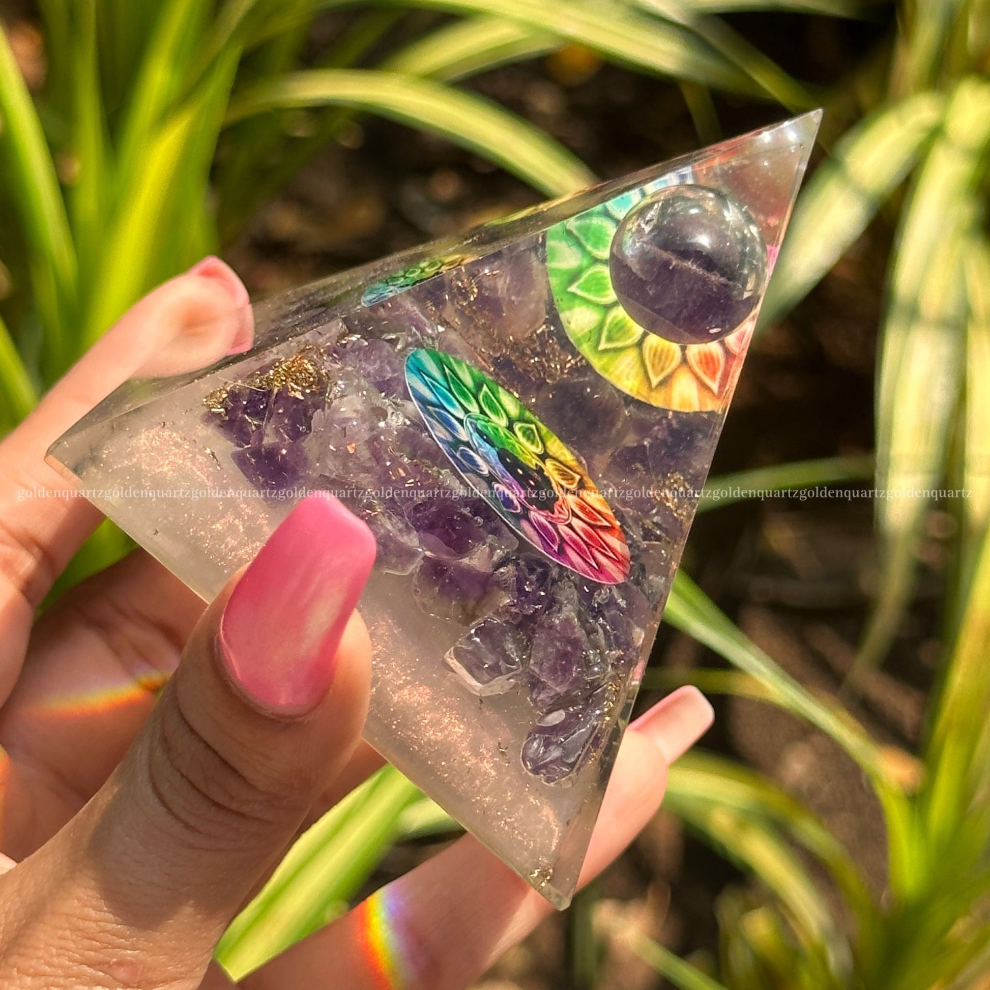 Amethyst 7 Seven Chakra Disk Galaxy Amethyst Sphere Orgonite /Orgone Pyramid For Focus & Balance - Golden Quartz 
