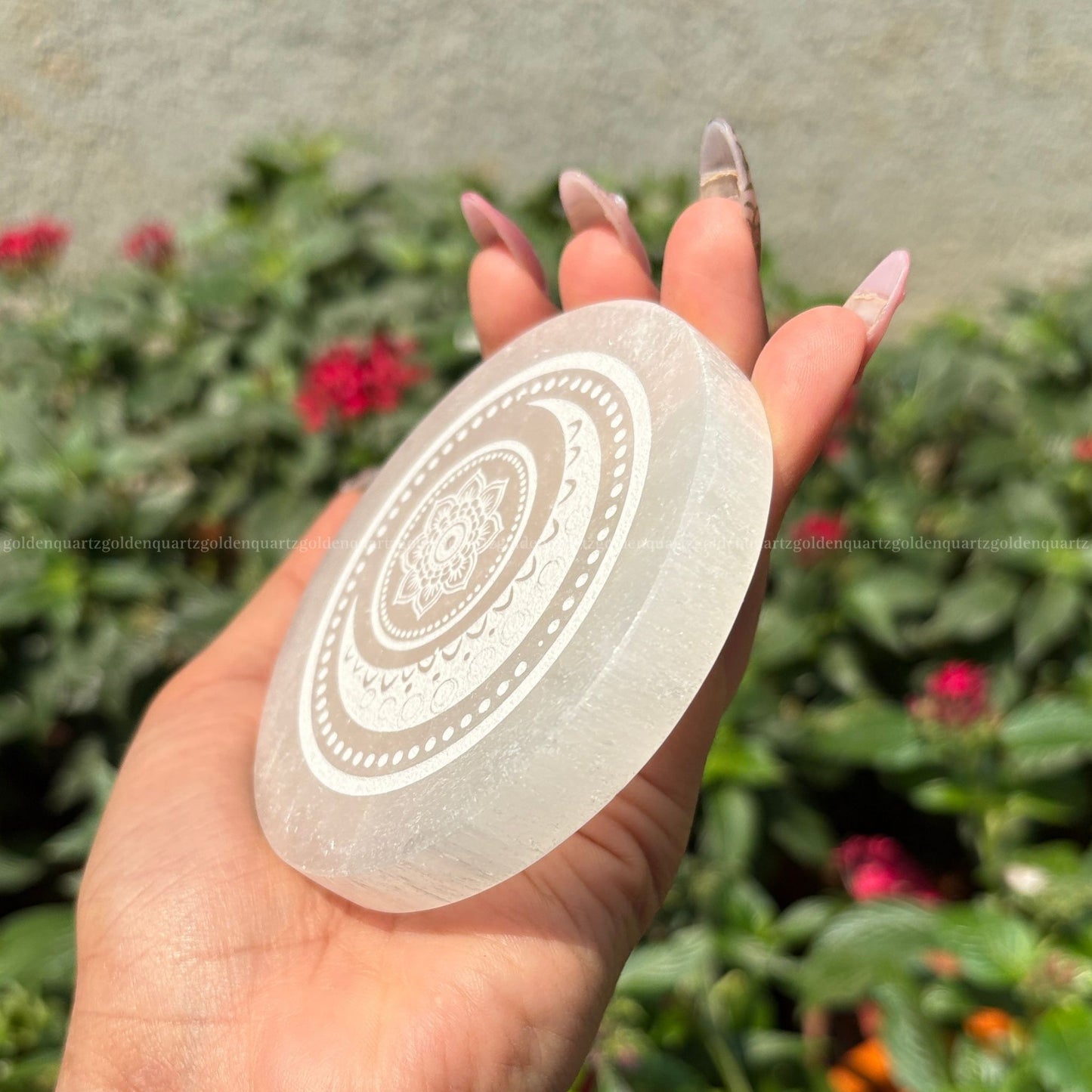 Crescent moon shaped selenite plate with smooth polished finish