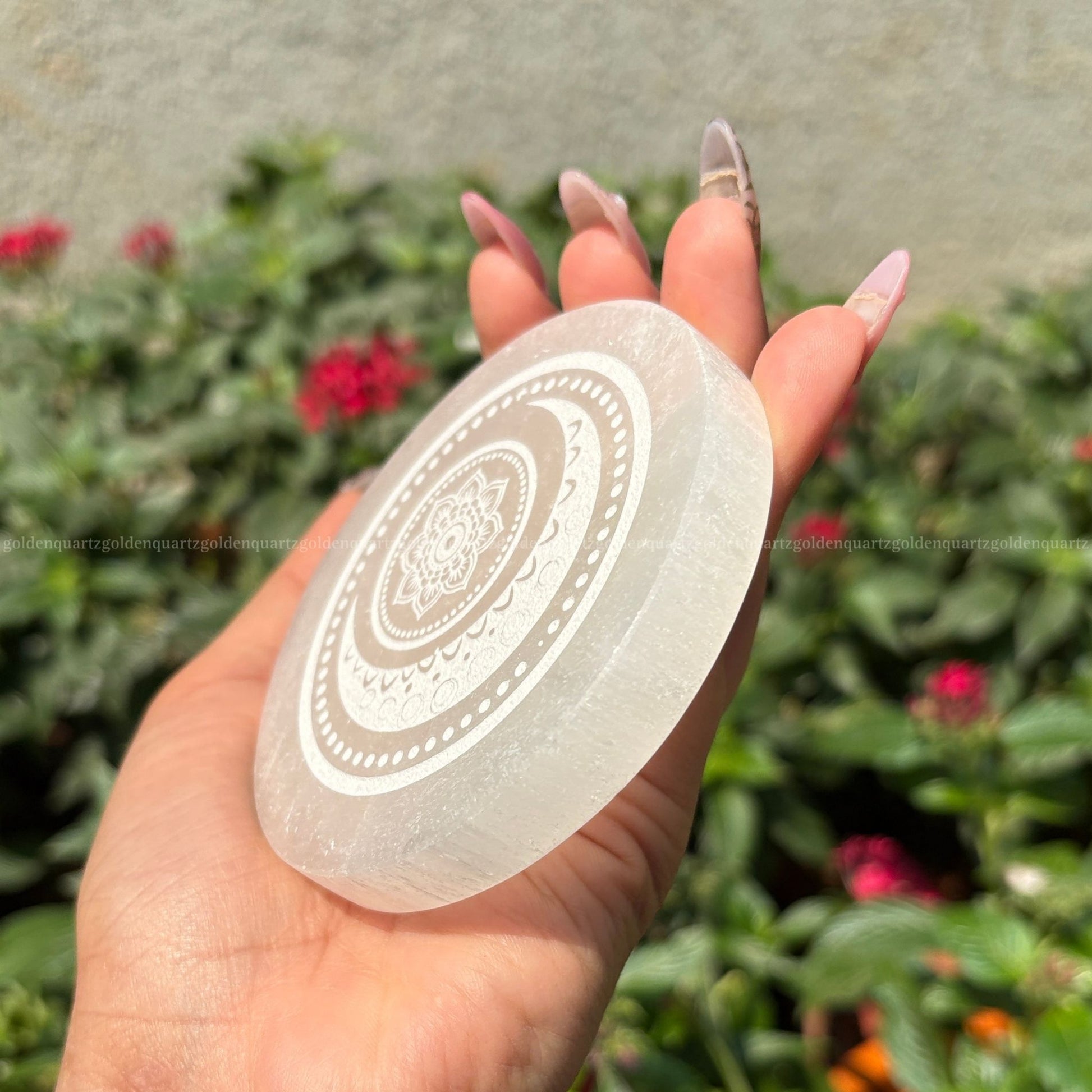 Crescent moon shaped selenite plate with smooth polished finish