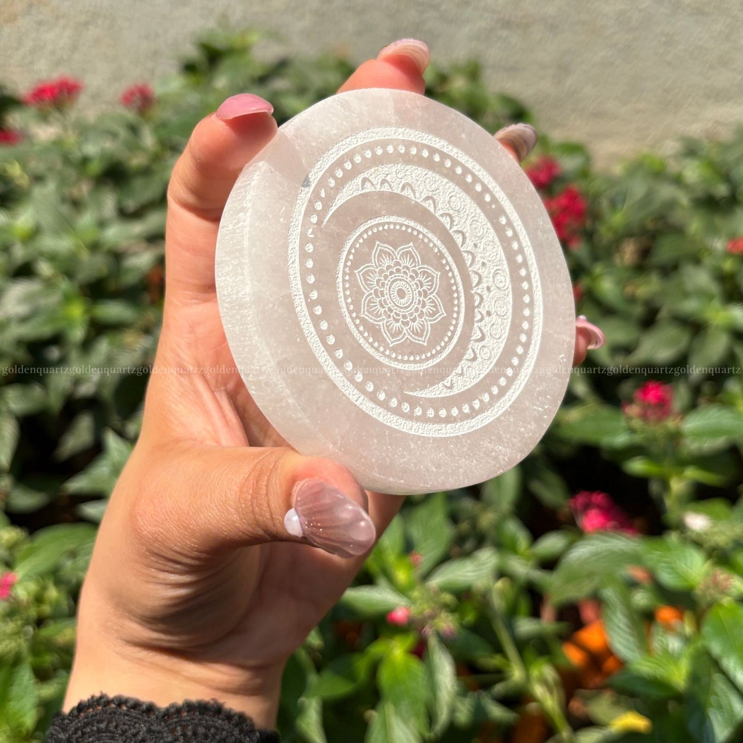 Hand-carved crescent moon selenite plate with natural shine