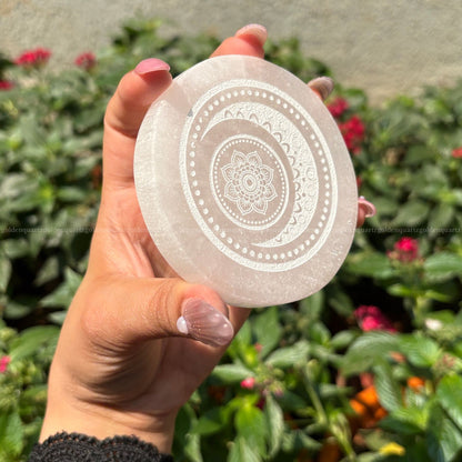 Hand-carved crescent moon selenite plate with natural shine