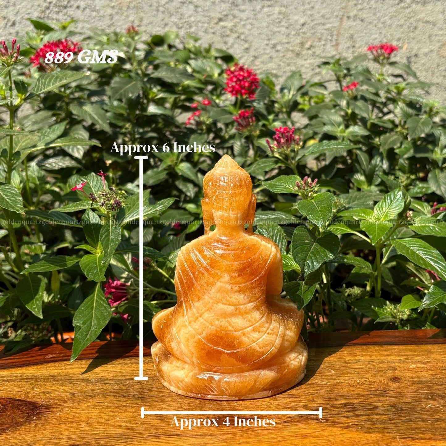 Small Buddha statue on a wooden surface with plants in the background golden quartz the crystal hub

