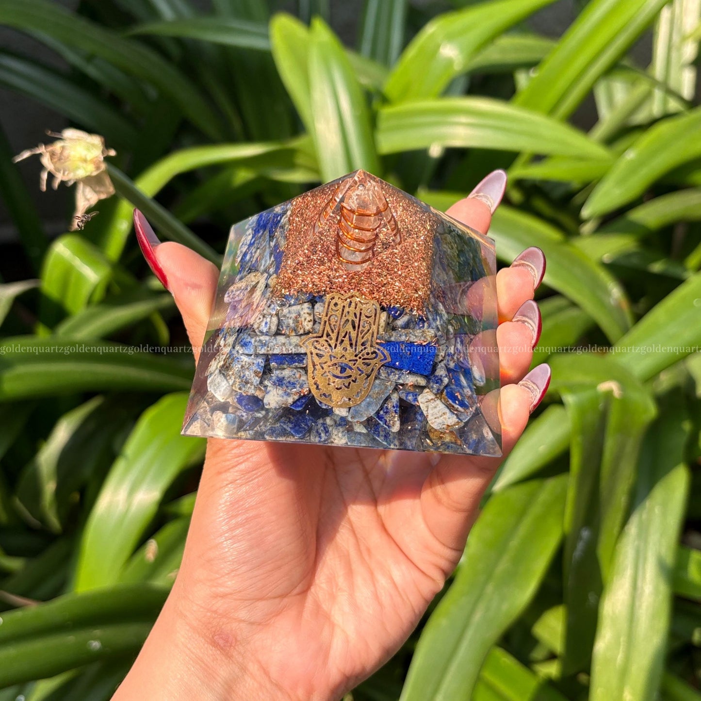 Lapis Lazuli Copper Dust Lemuria Hamza Hand Symbol Orgonite /Orgone Pyramid For Communication & Intuition - Golden Quartz 