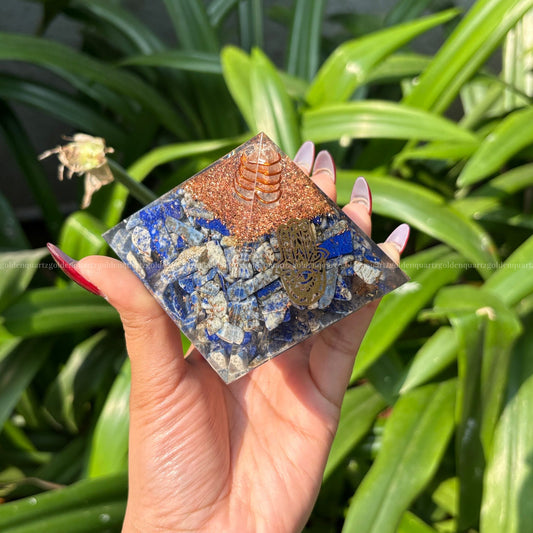 Lapis Lazuli Copper Dust Lemuria Hamza Hand Symbol Orgonite /Orgone Pyramid For Communication & Intuition - Golden Quartz 