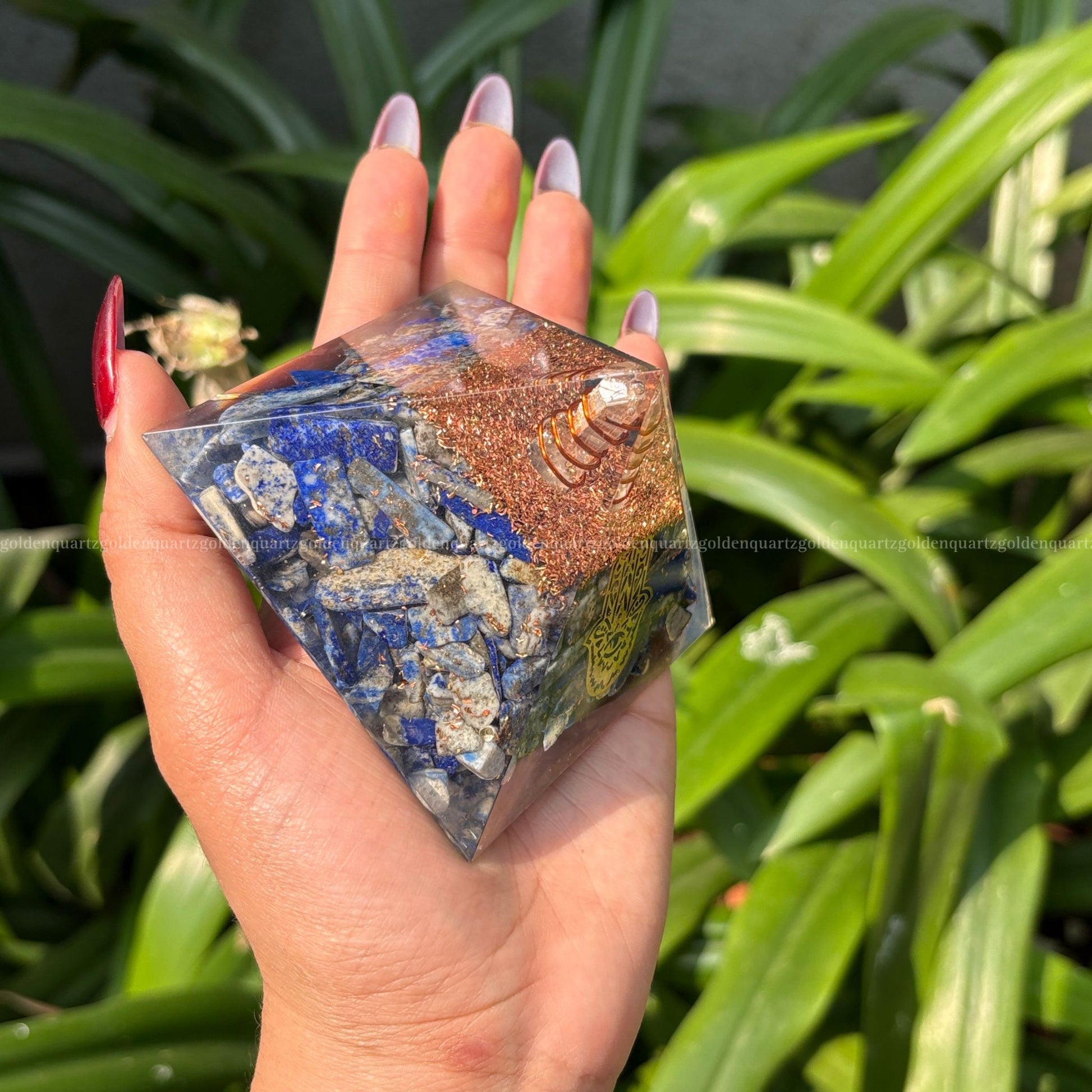 Lapis Lazuli Copper Dust Lemuria Hamza Hand Symbol Orgonite /Orgone Pyramid For Communication & Intuition - Golden Quartz 