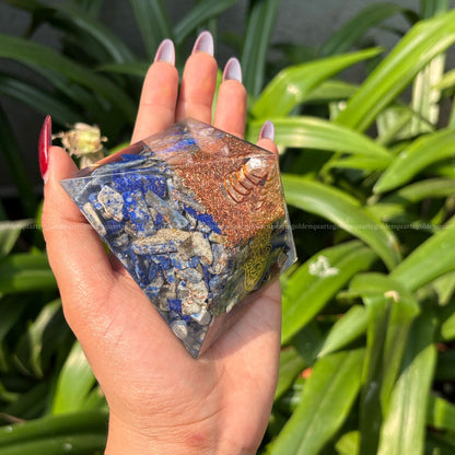 Lapis Lazuli Copper Dust Lemuria Hamza Hand Symbol Orgonite /Orgone Pyramid For Communication & Intuition - Golden Quartz 