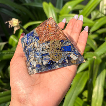 Lapis Lazuli Copper Dust Lemuria Hamza Hand Symbol Orgonite /Orgone Pyramid For Communication & Intuition - Golden Quartz 
