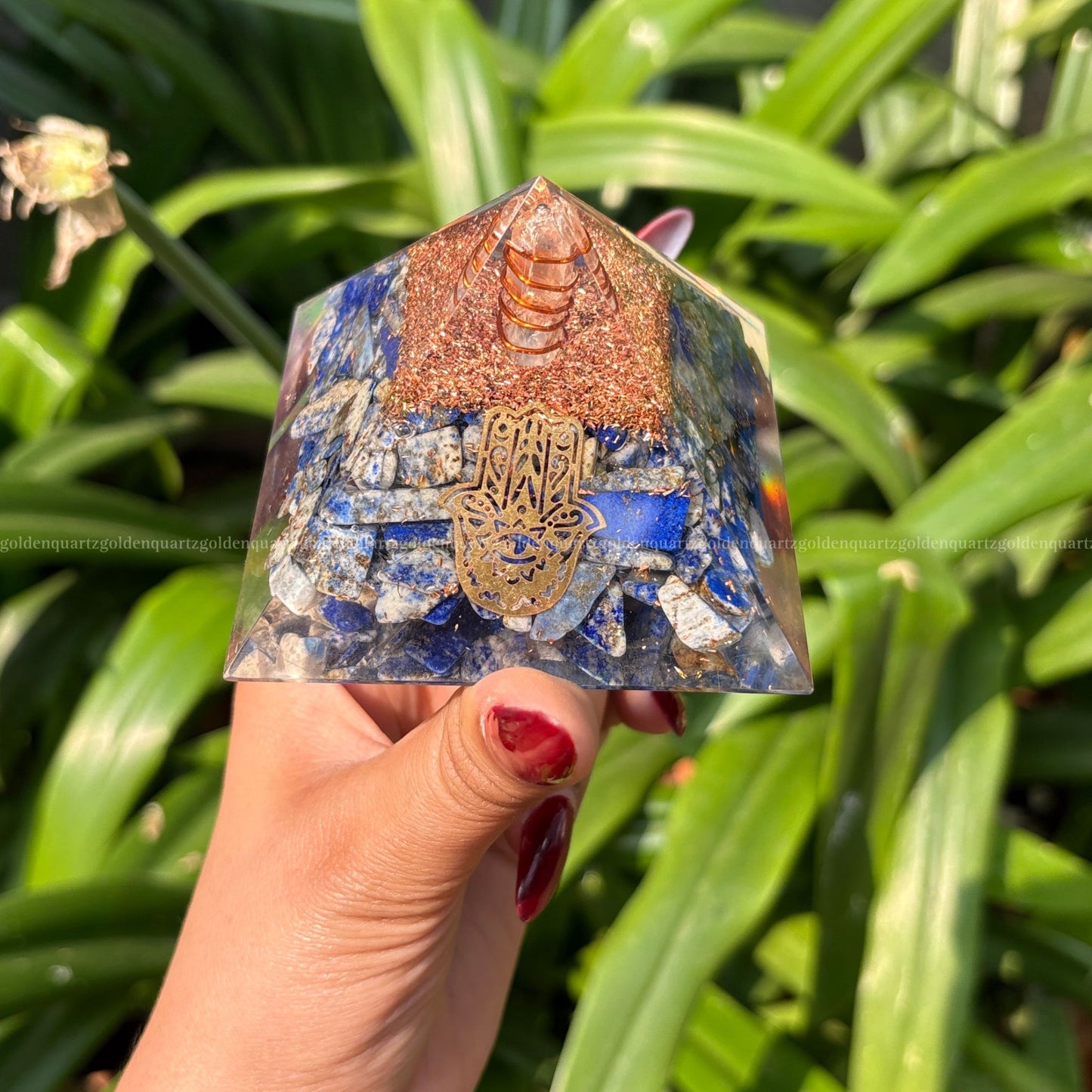 Lapis Lazuli Copper Dust Lemuria Hamza Hand Symbol Orgonite /Orgone Pyramid For Communication & Intuition - Golden Quartz 