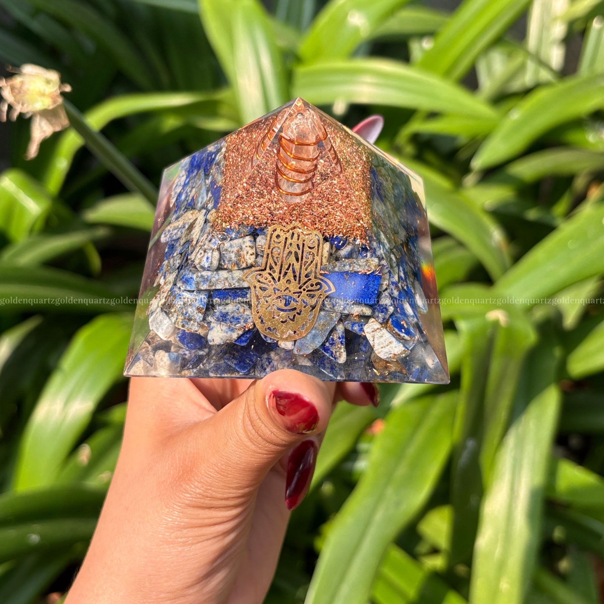 Lapis Lazuli Copper Dust Lemuria Hamza Hand Symbol Orgonite /Orgone Pyramid For Communication & Intuition - Golden Quartz 