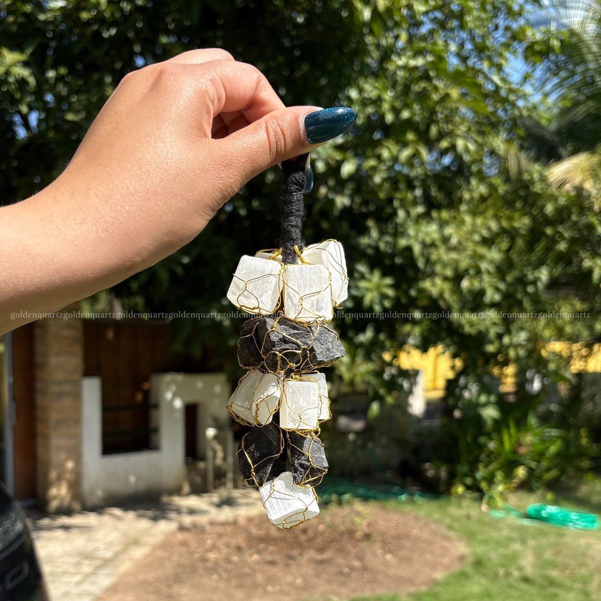 Black Tourmaline & Selenite Hanging  Grape Raw Chunk Hanging - Golden Quartz 